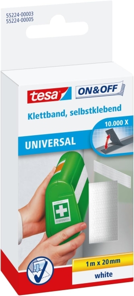 Tesa On & Off Cinta de Velcro 20mm x 1m - Se puede Abrir y Cerrar hasta 10.000 Veces - Color Blanco