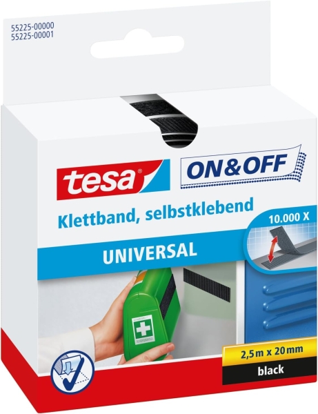 Tesa On & Off Cinta de Velcro 20mm x 2.5m - Se puede Abrir y Cerrar hasta 10.000 Veces - Color Negro