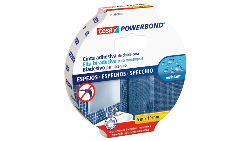Tesa Powerbond Espejos Cinta Adhesiva de Doble Cara Especial para Espejos 19mm x 5m - Color Blanco