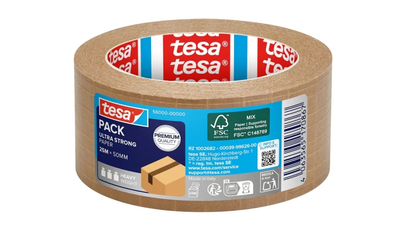 Tesa Ultra Strong Paper Precinto de Papel 50mm x 25m - Gran Adhesion, Alta Resistencia al Desgarro - Fabricado con un 52% de Materiales Renovables - Papel FSC® - Color Marron