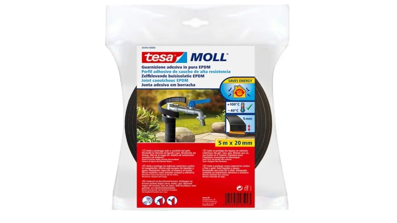 Tesa Moll Perfil Aislante Multiusos 5m x 20mm x 5mm - Fabricado en Caucho EPDM - Color Negro