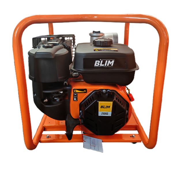 Blim Motobomba a Gasolina - Potencia 7HP - Cilindrada 212cc - Caudal 35.000L/h - Salida 80mm - Elevacion 30m - Autoaspirante - Arranque Manual - 26kg - 540x430x445mm - Color Negro y Naranja
