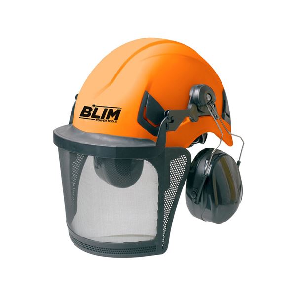 Blim Casco de Seguridad - Visera Protectora - Proteccion Auditiva 25dB - ABS - Talla 53-64cm - Visor de Malla Metalica - Ajuste de Trinquete - Alta Visibilidad - Forestal y Jardineria - Color Naranja