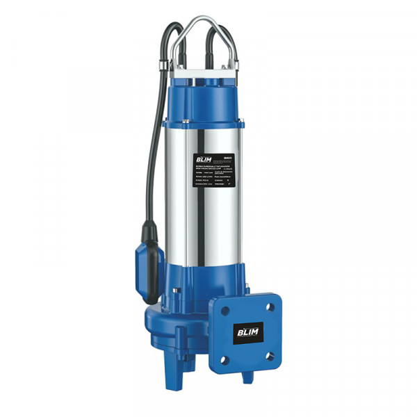 Blim Bomba Sumergible Trituradora - Potencia 1.5HP - IP68 - Monofasica - Velocidad 2850rpm - Alta Presion de Descarga - Proteccion Termica - Inmersion 5m - Color Acero y Azul