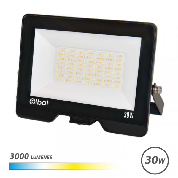 Elbat Serie Lumax Foco LED - Potencia 30W - Flujo Luminoso 3000lm - CCT 3 en 1 - 3000K / 4000K / 6500K - IP65 - Apertura 120º - Exterior - Vida Util hasta 50.000h - 174x126x25mm - Color Negro
