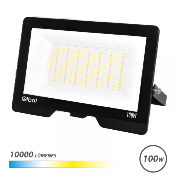 Elbat Serie Lumax Foco LED - Potencia 100W - Flujo Luminoso 10.000lm - CCT 3 en 1 - 3000K / 4000K / 6500K - IP65 - Apertura 120º - Exterior - Vida Util hasta 50.000h - 280x185x27mm - Color Negro