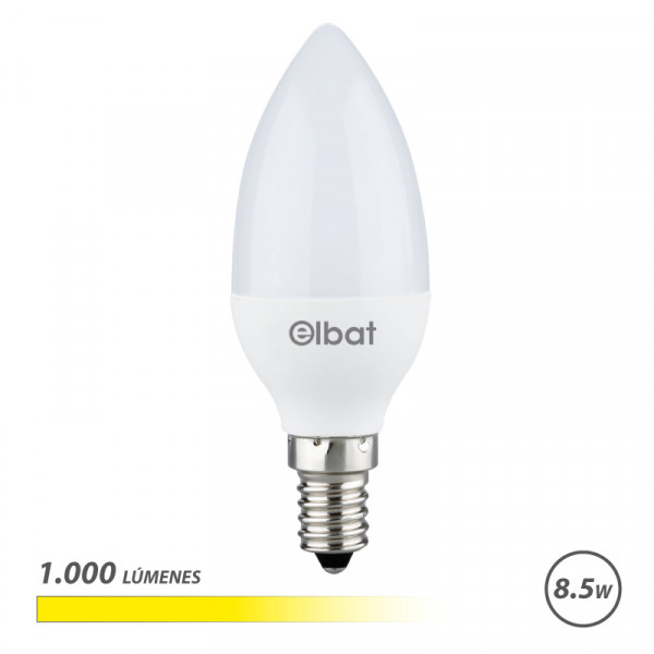 Elbat C37 Bombilla LED - Potencia 8.5W - Flujo Luminoso 1000lm - E14 - Temperatura de Color 3000K - Luz Calida - Apertura 280º - Vida Util 30.000h - 15.000 Encendidos - 37x98mm - Color Blanco