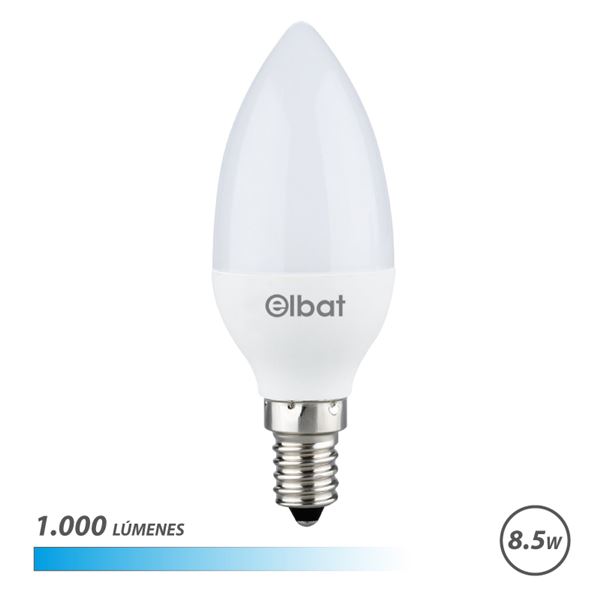 Elbat C37 Bombilla LED - Potencia 8.5W - Flujo Luminoso 1000lm - E14 - Temperatura de Color 6500K - Luz Fria - Apertura 280º - Vida Util 30.000h - 15.000 Encendidos - 37x98mm - Color Blanco