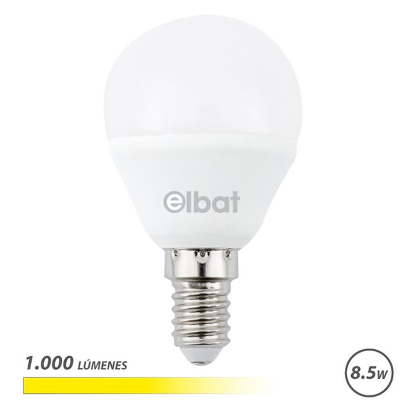 Elbat G45 Bombilla LED - Potencia 8.5W - Flujo Luminoso 1000lm - E14 - Temperatura de Color 3000K - Luz Calida - Apertura 180º - Vida Util 30.000h - 15.000 Encendidos - 45x78mm - Color Blanco