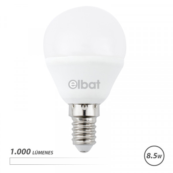 Elbat G45 Bombilla LED - Potencia 8.5W - Flujo Luminoso 1000lm - E14 - Temperatura de Color 4000K - Luz Blanca - Apertura 180º - Vida Util 30.000h - 15.000 Encendidos - 45x78mm - Color Blanco