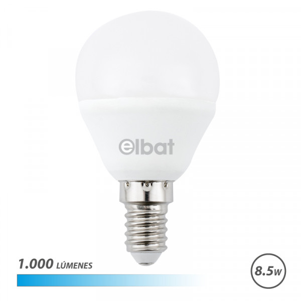Elbat G45 Bombilla LED - Potencia 8.5W - Flujo Luminoso 1000lm - E14 - Temperatura de Color 6500K - Luz Fria - Apertura 180º - Vida Util 30.000h - 15.000 Encendidos - 45x78mm - Color Blanco