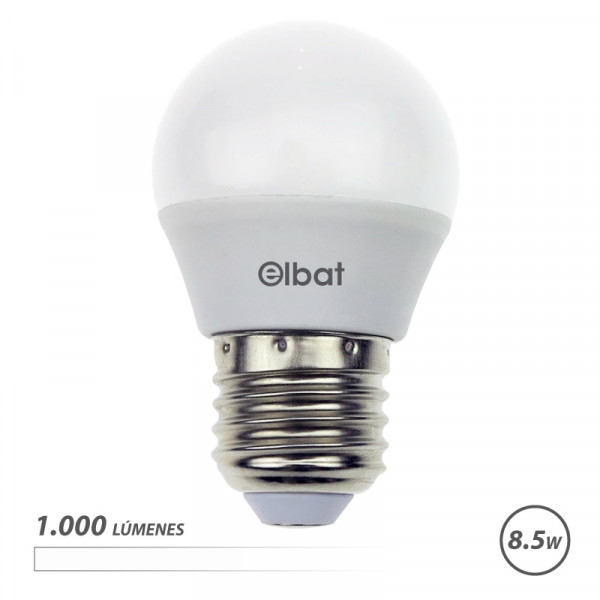 Elbat G45 Bombilla LED - Potencia 8.5W - Flujo Luminoso 1000lm - E27 - Temperatura de Color 4000K - Luz Blanca - Apertura 180º - Vida Util 30.000h - 15.000 Encendidos - 45x78mm - Color Blanco