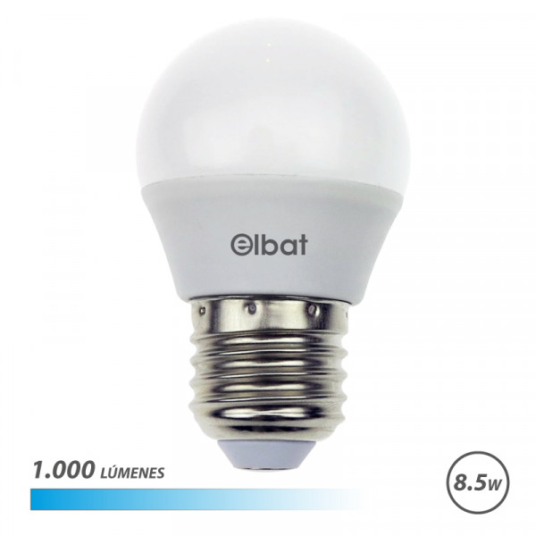 Elbat G45 Bombilla LED - Potencia 8.5W - Flujo Luminoso 1000lm - E27 - Temperatura de Color 6500K - Luz Fria - Apertura 180º - Vida Util 30.000h - 15.000 Encendidos - 45x78mm - Color Blanco