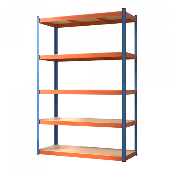 Blim Estanteria Metalica - 5 Baldas - 250kg por Balda - Montaje sin Tornillos - Tableros MDF - Pintura en Polvo - Anticorrosion - 180x120x50cm - Color Naranja y Azul
