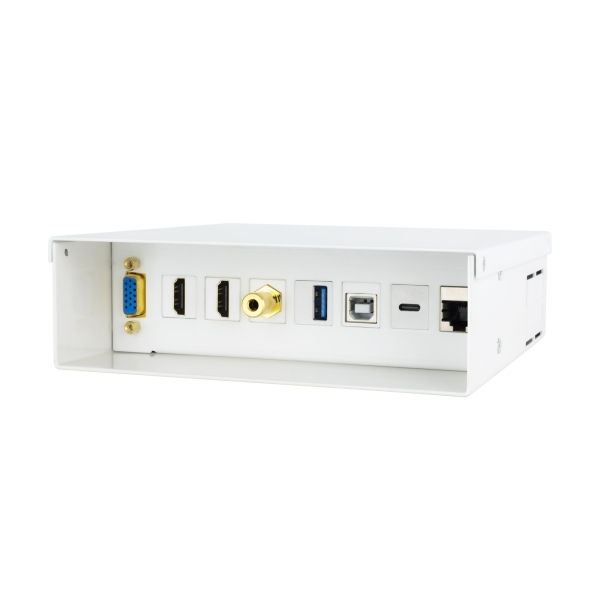 Nanocable Caja de Conexiones Multimedia - VGA - 2x HDMI - Jack 3.5mm - USB-C 10Gbps - USB-B 2.0 - USB-A 3.0 - RJ45 Cat.6A STP - Carcasa Metalica - 184x162x53mm - Color Blanco