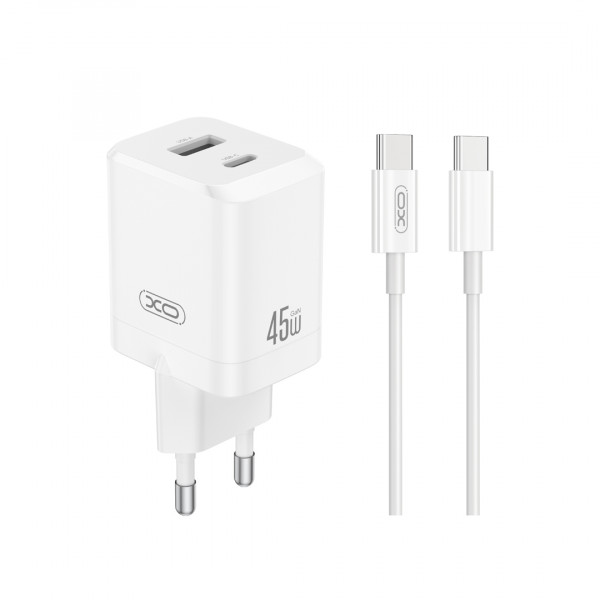 XO CE36 Cargador de Pared - USB-C 45W - USB-A 18W - Power Delivery - Quick Charge - Cable USB-C Incluido - Policarbonato - Resistente al Calor - Color Blanco