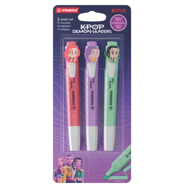 Stabilo Swing Cool K-Pop Demon Hunters Pack con 3 Marcadores - Cuerpo Plano - Punta Biselada - Trazo entre 1 y 4mm - Tinta con Base de Agua - Colores Surtidos