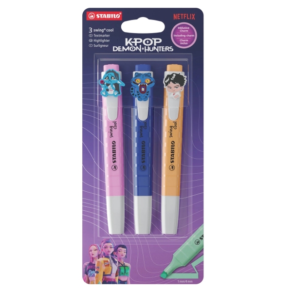 Stabilo Swing Cool K-Pop Demon Hunters Pack con 3 Marcadores - Cuerpo Plano - Punta Biselada - Trazo entre 1 y 4mm - Tinta con Base de Agua - - Colores Surtidos