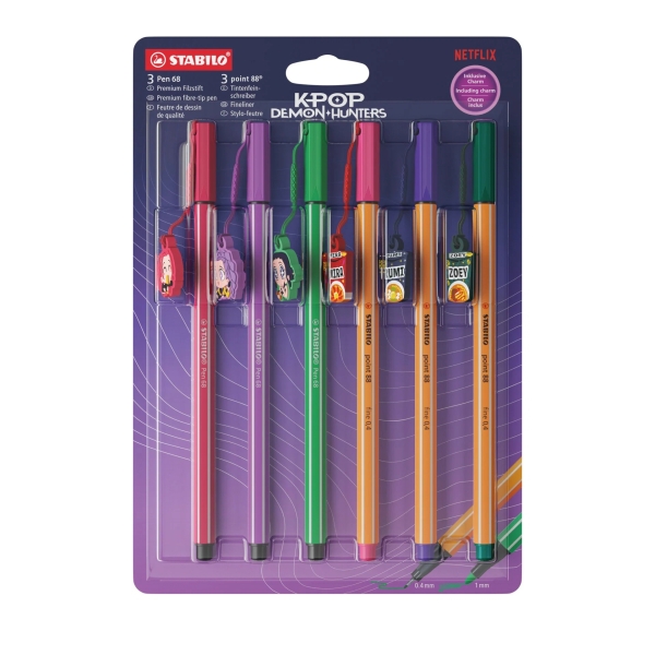 Stabilo Pen 68 y Point 88 K-Pop Demon Hunter Pack con 3 Rotuladores de Punta de Fibra Point 88 + 3 Rotuladores Pen 68 - Tinta con Base de Agua - Colores Surtidos