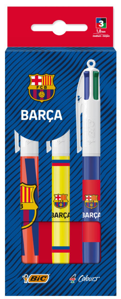 Bic 4 Colours Barça Pack con 3 Boligrafos de Bola Retractil - 3 Diseños Diferentes - Punta Media de 1.0mm