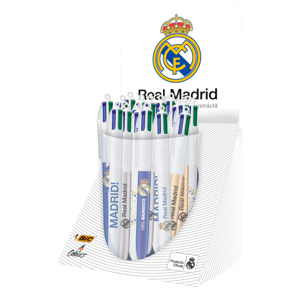 Bic 4 Colours Real Madrid CF Expositor con 30 Boligrafos de Bola Retractil - 6 Diseños Diferentes - Punta Media de 1.0mm