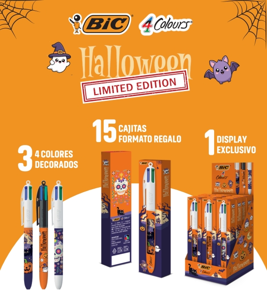 Bic 4 Colours Halloween Expositor con 15 Boligrafos de Bola Retractil - 3 Diseños Diferentes - En Caja Individual - Punta Media de 1.0mm