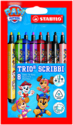 Stabilo Trio Scribbi Patrulla Canina Pack con 8 Rotuladores con Diseños de la Patrulla Canina - Punta de Fibra Amortiguada - Trazo entre 1,5-2mm - Forma Triangular - Tinta Super Lavable - Colores Surtidos