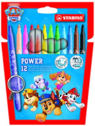 Stabilo Power Patrulla Canina Pack con 12 Rotuladores con Diseños de la Patrulla Canina - Punta Media de 2mm - Tinta Lavable - Capuchon Ventilado - Colores Surtidos