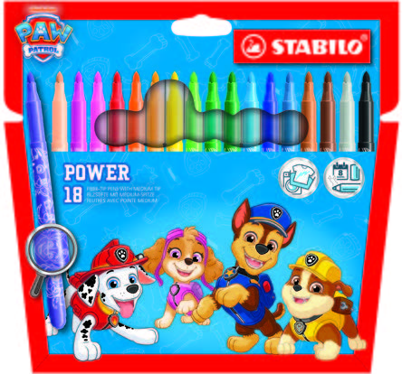 Stabilo Power Patrulla Canina Pack con 18 Rotuladores con Diseños de la Patrulla Canina - Punta Media de 2mm - Tinta Lavable - Capuchon Ventilado - Colores Surtidos