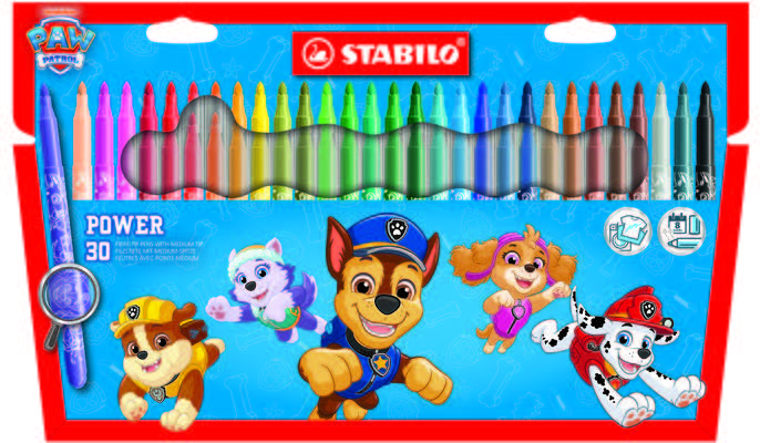 Stabilo Power Patrulla Canina Pack con 30 Rotuladores con Diseños de la Patrulla Canina - Punta Media de 2mm - Tinta Lavable - Capuchon Ventilado - Colores Surtidos