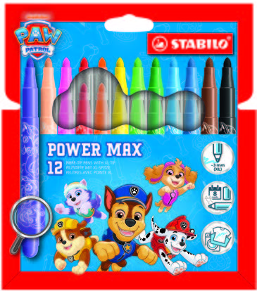 Stabilo Power Max Patrulla Canina Pack de 12 Rotuladores de Punta Gruesa con Diseños de la Patrulla Canina - Trazo 3mm - Tinta Lavable - No se Seca - Colores Surtidos