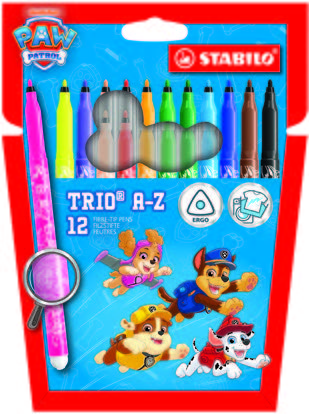 Stabilo Trio A-Z Patrulla Canina Pack de 12 Rotuladores con Diseños de la Patrulla Canina - Punta Fina de Fibra - Trazo 0.7mm - Tinta Lavable - Zona de Agarre Triangular - Colores Surtidos