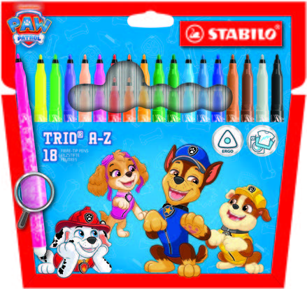 Stabilo Trio A-Z Patrulla Canina Pack de 18 Rotuladores con Diseños de la Patrulla Canina - Punta Fina de Fibra - Trazo 0.7mm - Tinta Lavable - Zona de Agarre Triangular - Colores Surtidos
