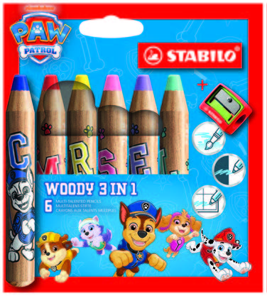 Stabilo Woody 3 en 1 Patrulla Canina Pack de 8 Lapices de Colores con Diseños de la Patrulla Canina + Sacapuntas - Lapiz de Color, Cera y Acuarela, Todo en Uno - Mina XXL 10mm - Colores Surtidos