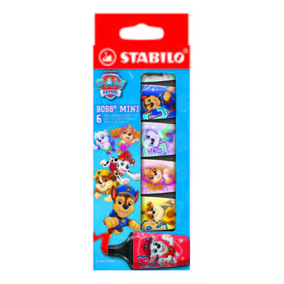 Stabilo Boss Mini Patrulla Canina Pack de 6 Marcadores Fluorescentes con Diseños de la Patrulla Canina - Trazo entre 2 y 5mm - Tinta con Base de Agua - Antisecado - Colores Surtidos