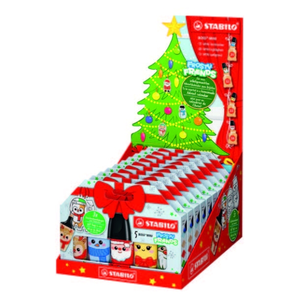 Stabilo Boss Mini Frosty Friends Expositor con 10 Packs de 5 Marcadores Fluorescentes - Trazo entre 2 y 5mm - Tinta con Base de Agua - Antisecado - Colores Surtidos