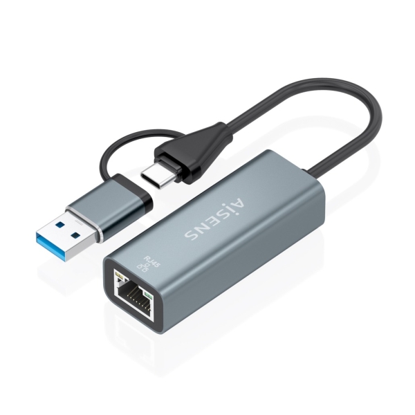 Aisens Conversor USB3.2 Gen1 + USB-C a Ethernet Gigabit 10/100/1000 Mbps - 15cm - Color Gris