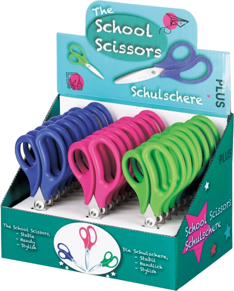 Plus Expositor con 24 Tijeras Escolares 14.5cm - Punta Redondeada - Ergonomicas - Colores Surtidos
