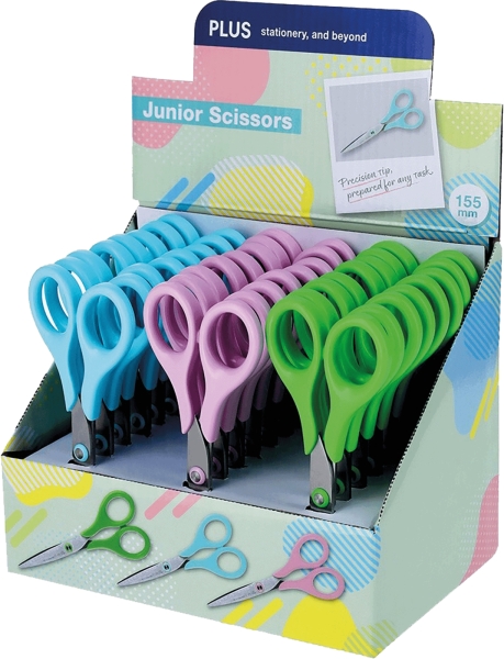 Plus Junior Expositor con 24 Tijeras Escolares 15.5cm - Punta Ligeramente Redondeada - Colores Surtidos