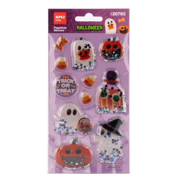 Apli Kids Glitter Movil Pack con 11 Pegatinas de Halloween - Con Efecto Glitter Movil que Aportan Brillo, Color y Movimiento
