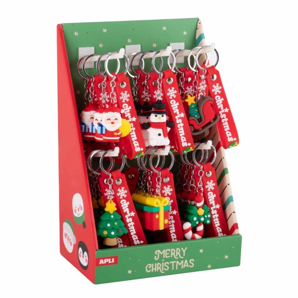 Apli Navidad Expositor con 24 Llaveros - 6 Diseños Navideños Diferentes - Ideales para Regalar, Coleccionar, etc...