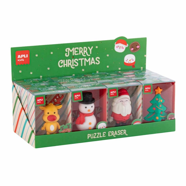Apli Navidad Expositor con 12 Gomas de Borrar Maxi - 4 Diseños Navideños Diferentes - Formato Puzzle -