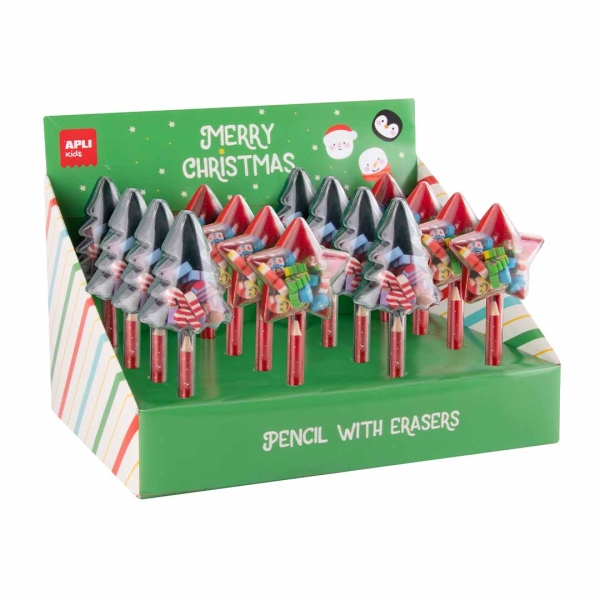 Apli Navidad Expositor con12 Packs de Lapices con Mini Gomas de Borrar - Diseños Navideños Diferentes