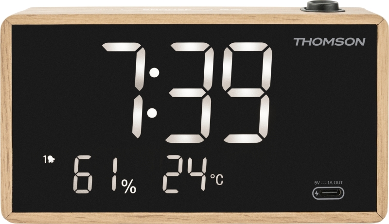 Thomson Radio Reloj Despertador con Proyeccion - Radio FM - Visualizacion Temperatura Interior - Angulo Proyeccion Ajustable - Color Madera