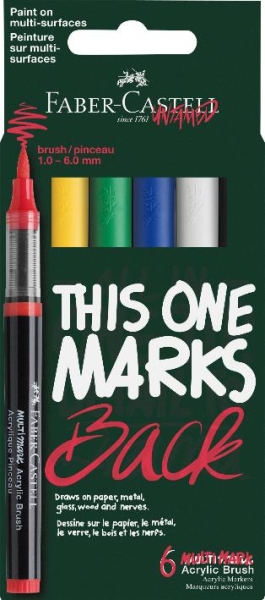 Faber-Castell Multimark Acrylic Brush Pack con 6 Rotuladores Acrilicos Punta Pincel - Trazo de 1 a 6mm - Tinta Acrilica a Base de Agua - Colores Basicos Surtidos