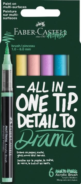 Faber-Castell Multimark Acrylic Brush Pack con 6 Rotuladores Acrilicos Punta Pincel - Trazo de 1 a 6mm - Tinta Acrilica a Base de Agua - Colores Pastel Surtidos