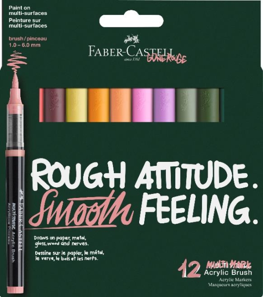 Faber-Castell Multimark Acrylic Brush Cottage Pack con 12 Rotuladores Acrilicos Punta Pincel - Trazo de 1 a 6mm - Tinta Acrilica a Base de Agua - Colores Surtidos