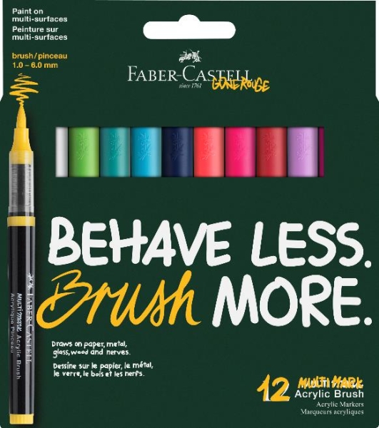 Faber-Castell Multimark Acrylic Brush Dopamin Pack con 12 Rotuladores Acrilicos Punta Pincel - Trazo de 1 a 6mm - Tinta Acrilica a Base de Agua - Colores Surtidos