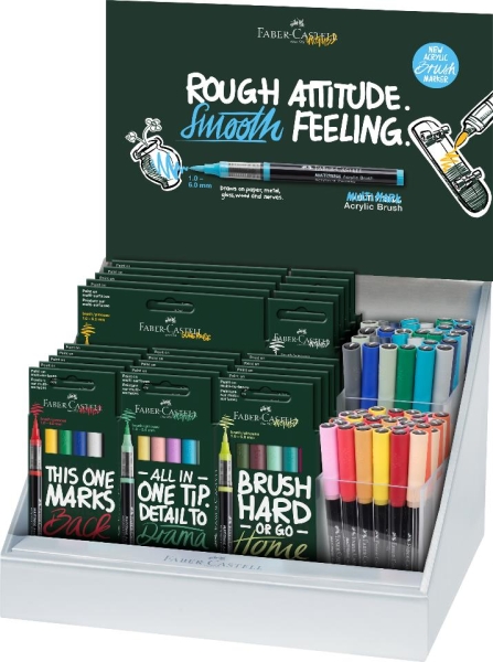 Faber-Castell Multimark Acrylic Brush Expositor con 25 Packs Surtidos de Rotuladores Acrilicos Punta Pincel + 70 Unidades Sueltas - Trazo de 1 a 6mm - Tinta Acrilica a Base de Agua - Colores Surtidos