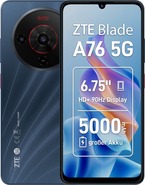 ZTE Blade A76 5G Smartphone Pantalla 6,75" - 6+6 GB RAM - 128 GB - 90 Hz - Camara 50 MP -  Bateria 5000 mAh - Color Negro